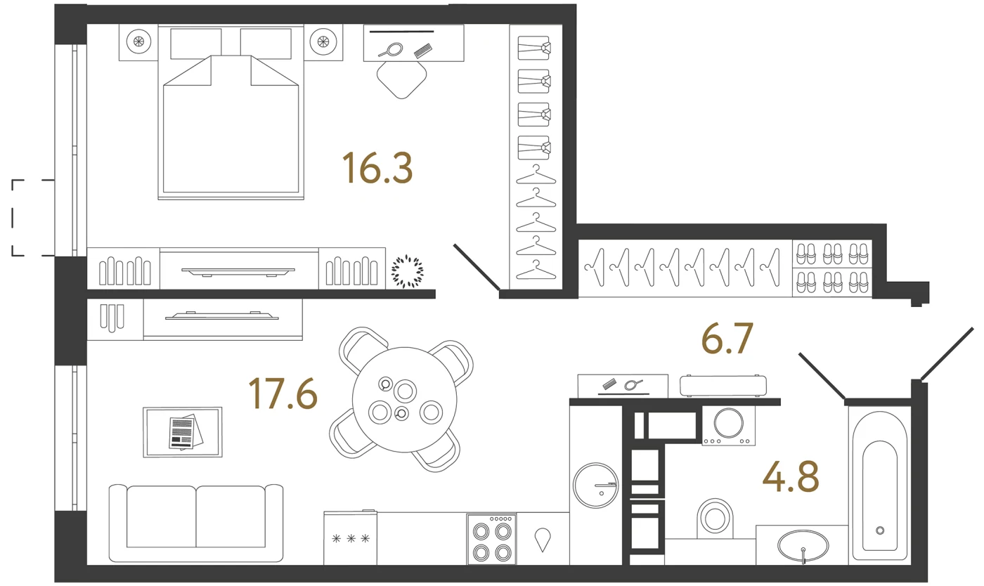 Планировка 1-комнатная 45,4 м² в жилом комплексе «Струны» — Жилой комплекс «Струны»