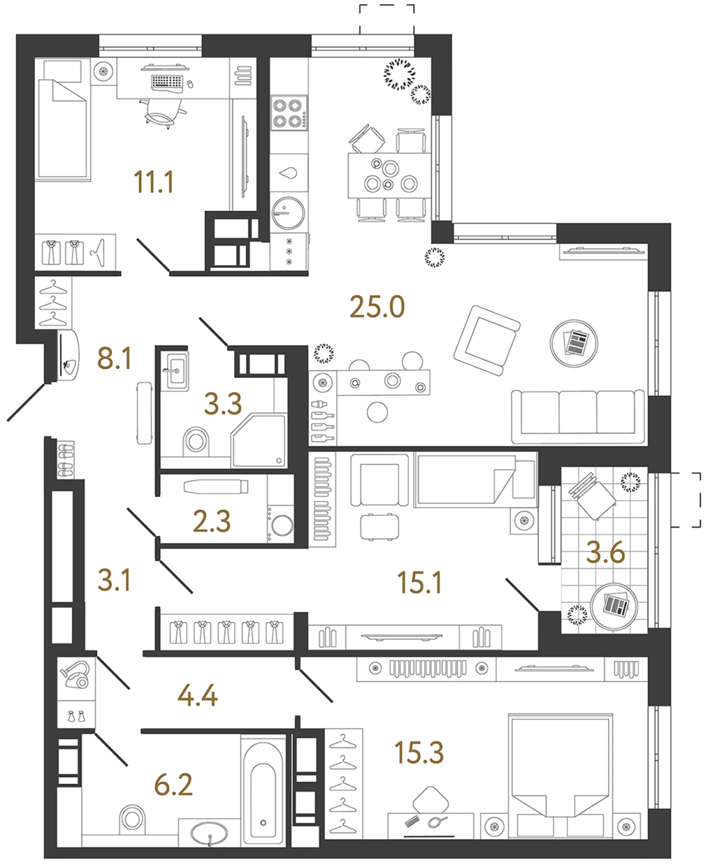 Планировка 3-комнатная 93,9 м² в жилом комплексе «Струны» — Жилой комплекс «Струны»