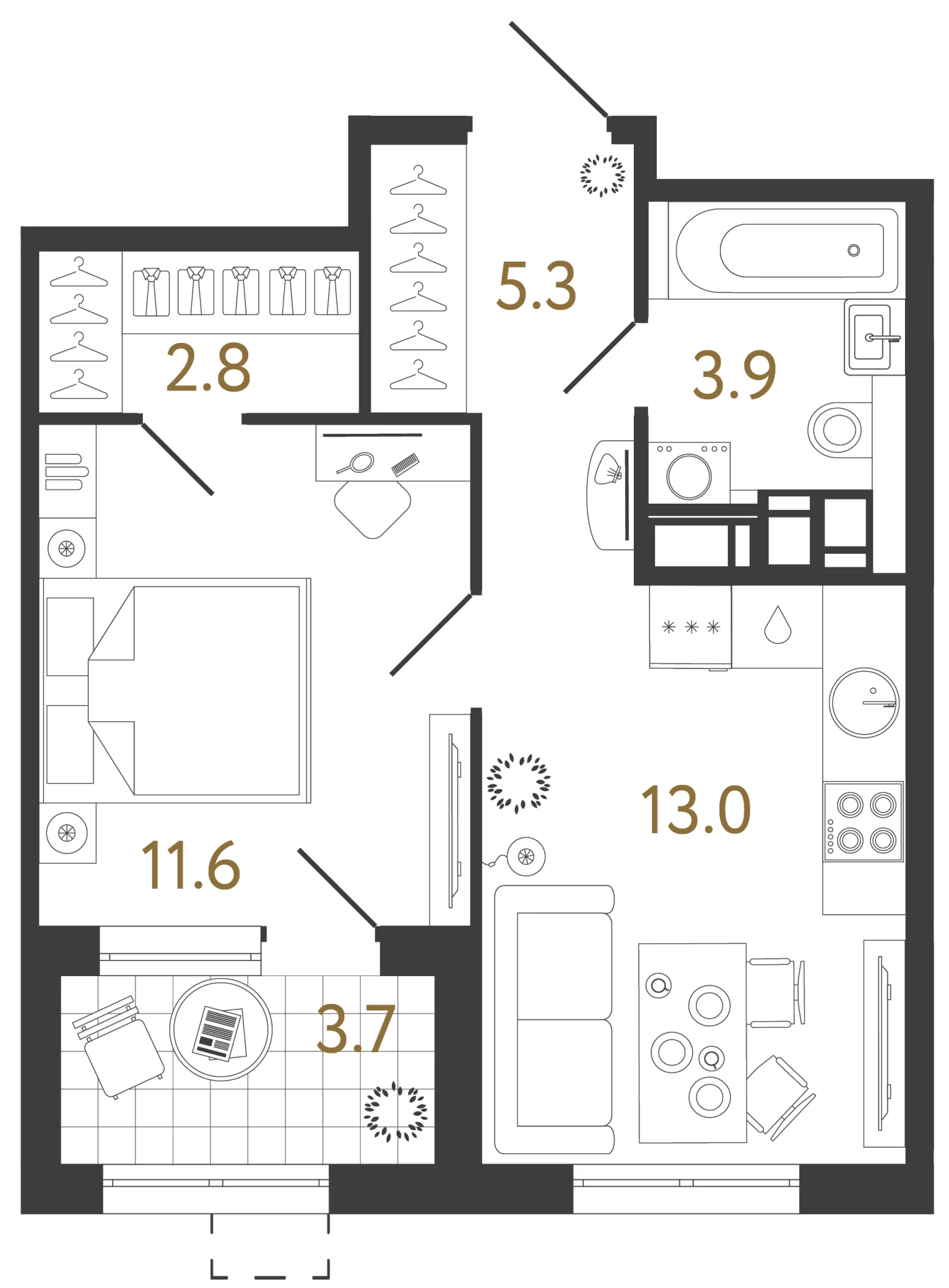 Планировка 1-комнатная 36,6 м² в жилом комплексе «Струны» — Жилой комплекс «Струны»