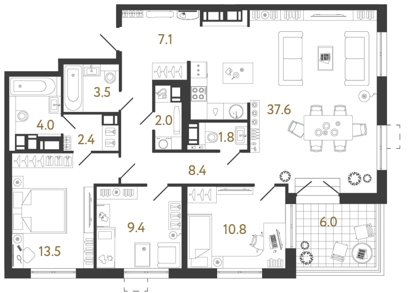 Планировка 3-комнатная 100,5 м² в жилом комплексе «Струны» — Жилой комплекс «Струны»