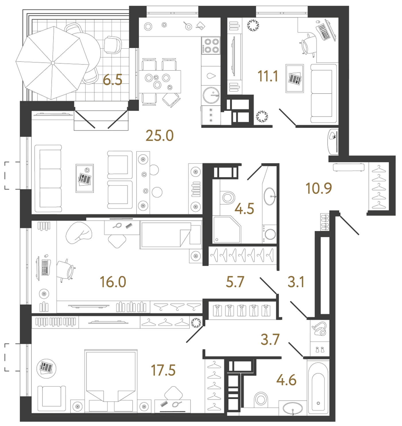 Планировка 3-комнатная 102,1 м² в жилом комплексе «Струны» — Жилой комплекс «Струны»