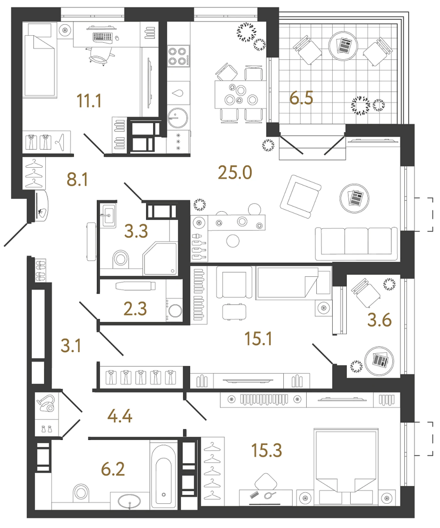 Планировка 3-комнатная 93,9 м² в жилом комплексе «Струны» — Жилой комплекс «Струны»
