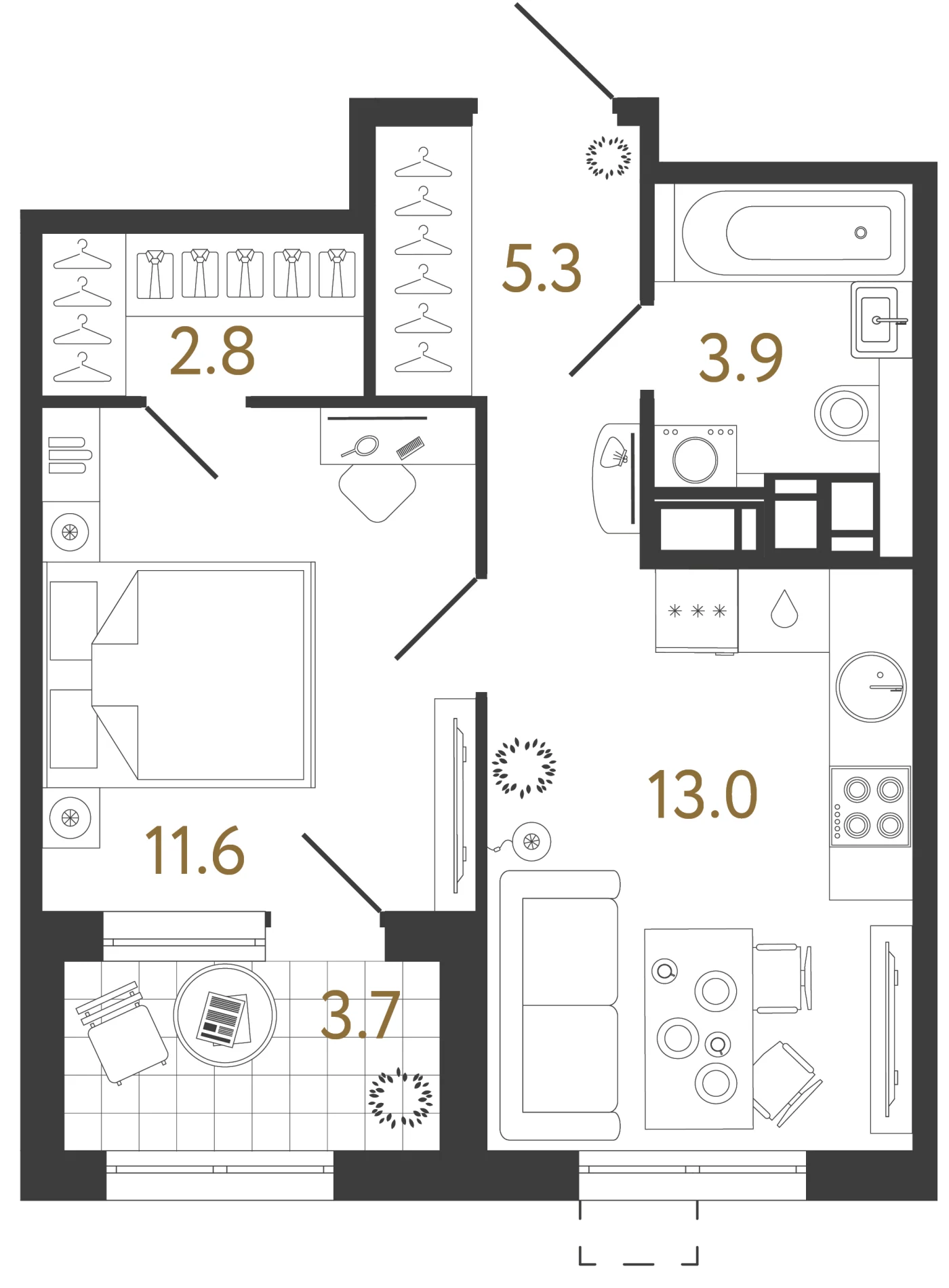 Планировка 1-комнатная 36,6 м² в жилом комплексе «Струны» — Жилой комплекс «Струны»