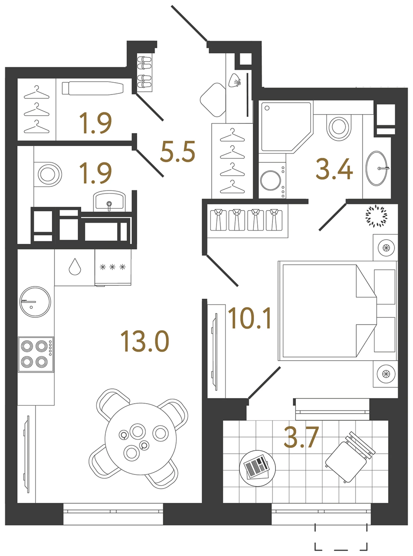 Планировка 1-комнатная 35,8 м² в жилом комплексе «Струны» — Жилой комплекс «Струны»
