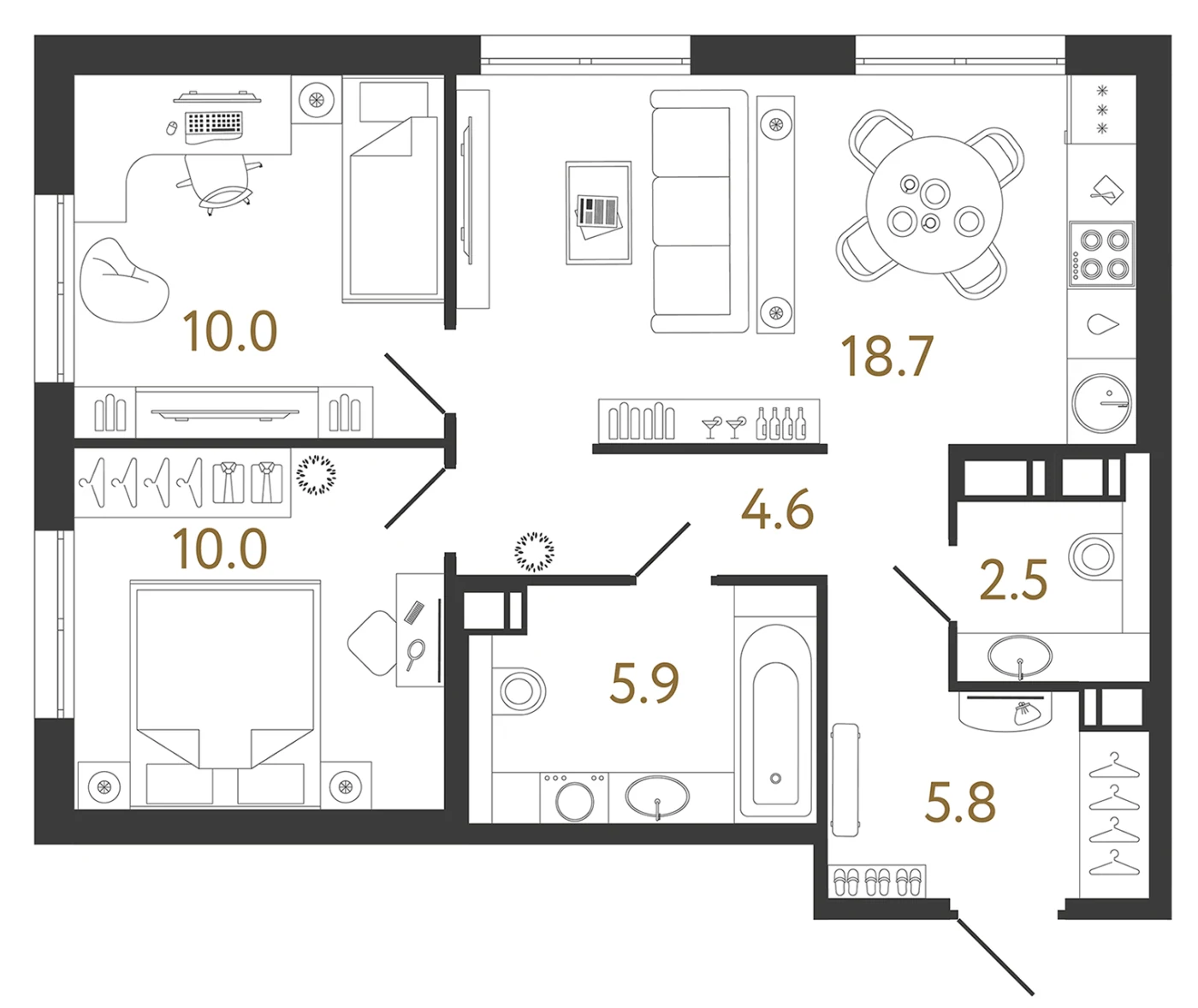 Планировка 2-комнатная 57,5 м² в жилом комплексе «Струны» — Жилой комплекс «Струны»
