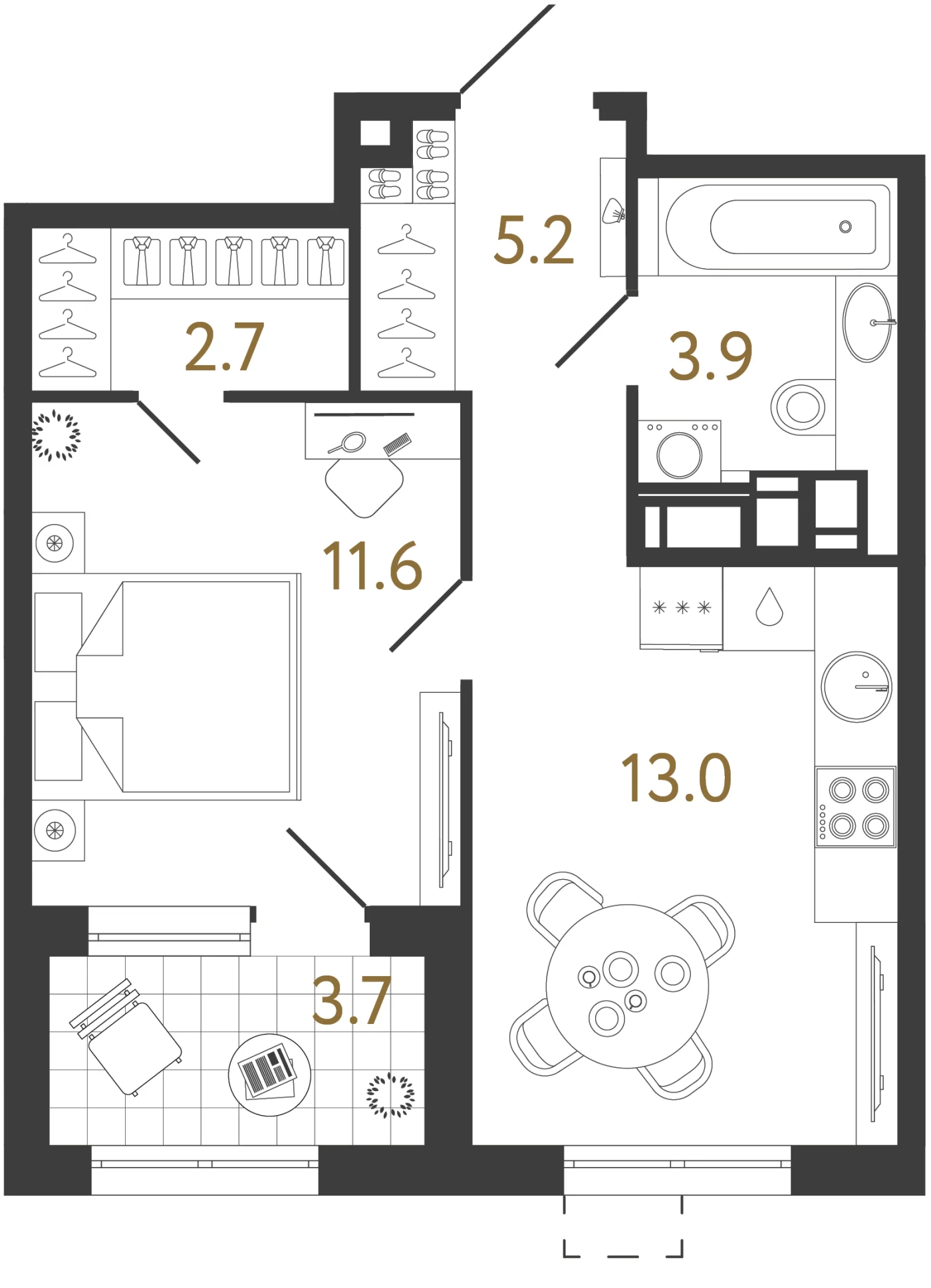 Планировка 1-комнатная 36,4 м² в жилом комплексе «Струны» — Жилой комплекс «Струны»