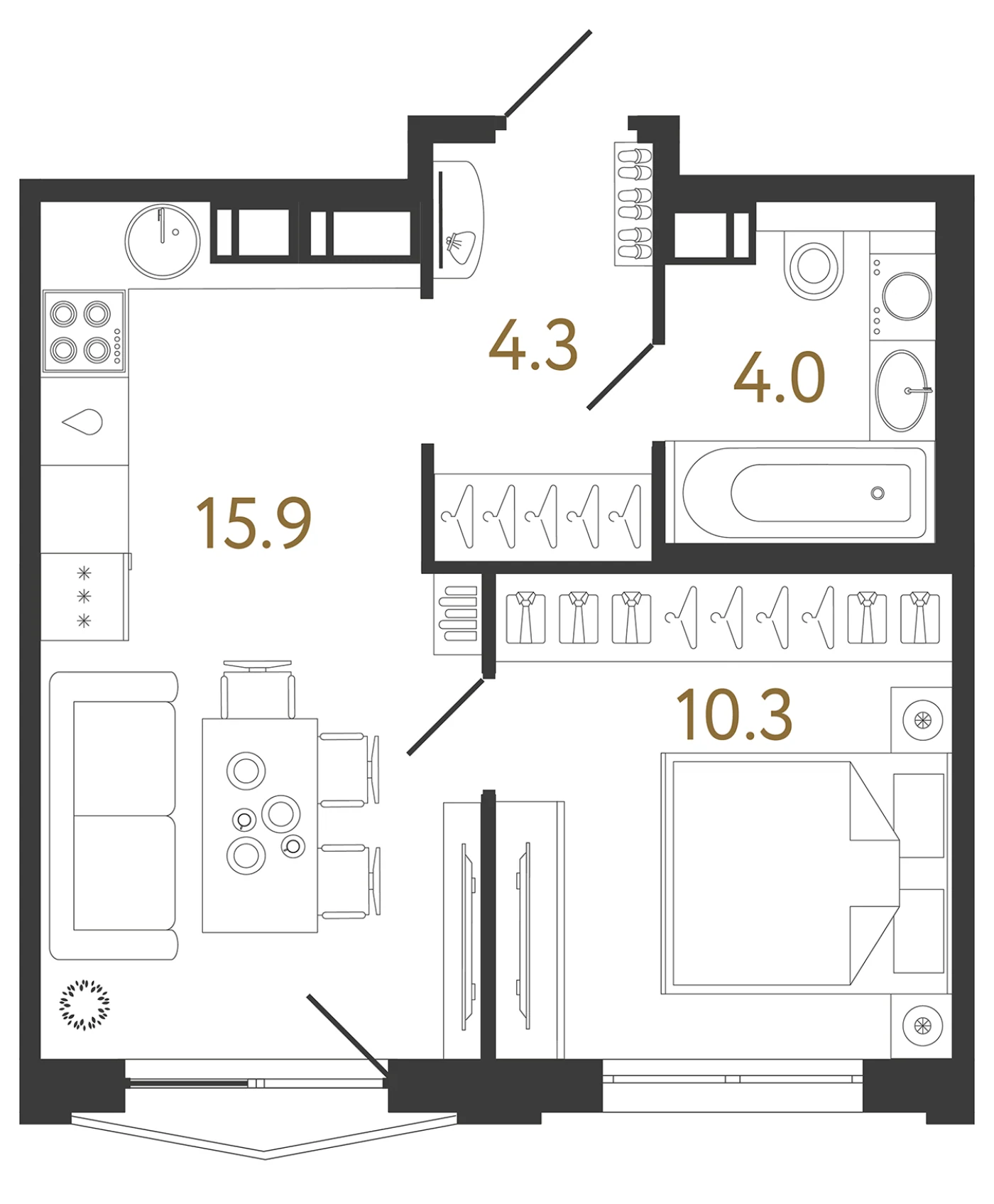 Планировка 1-комнатная 34,5 м² в жилом комплексе «Струны» — Жилой комплекс «Струны»