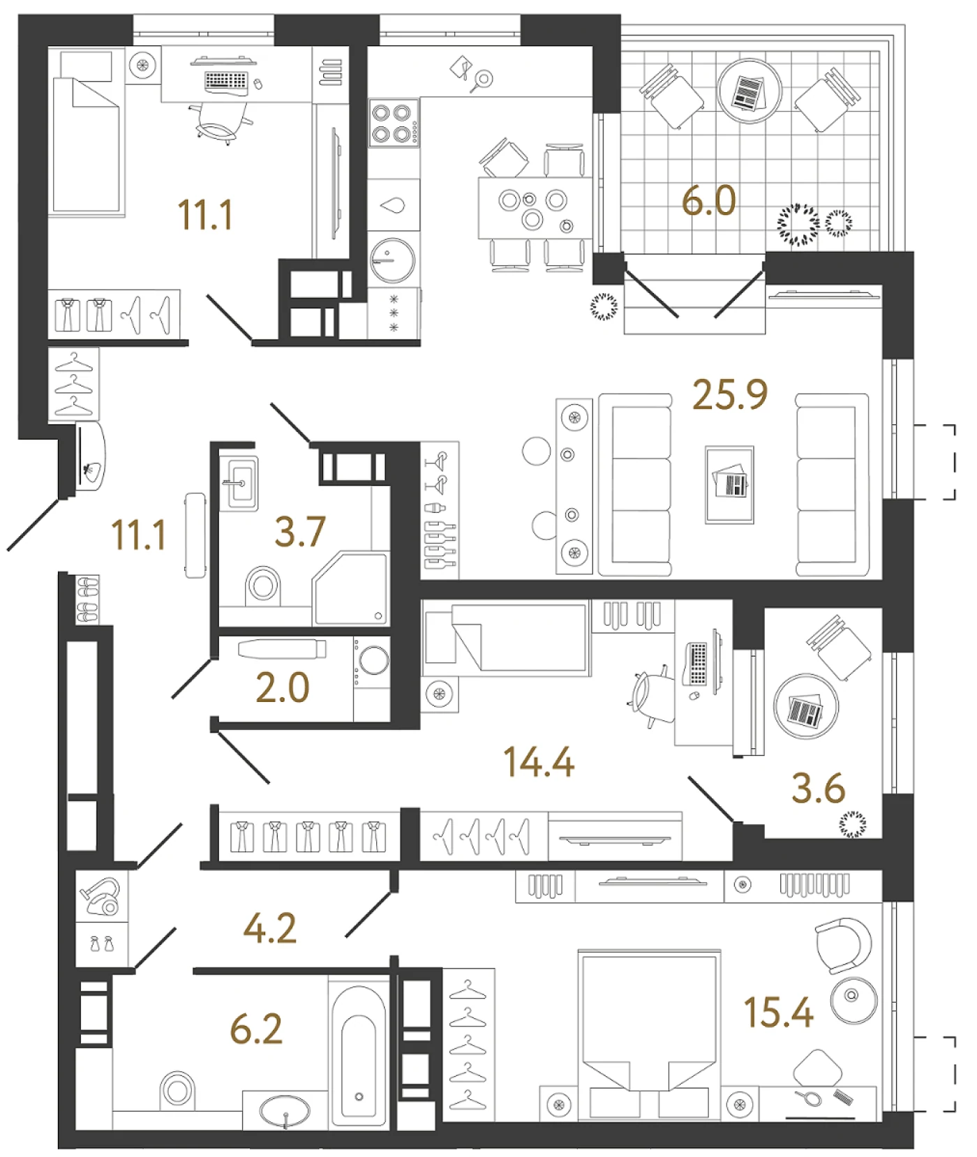 Планировка 3-комнатная 94 м² в жилом комплексе «Струны» — Жилой комплекс «Струны»