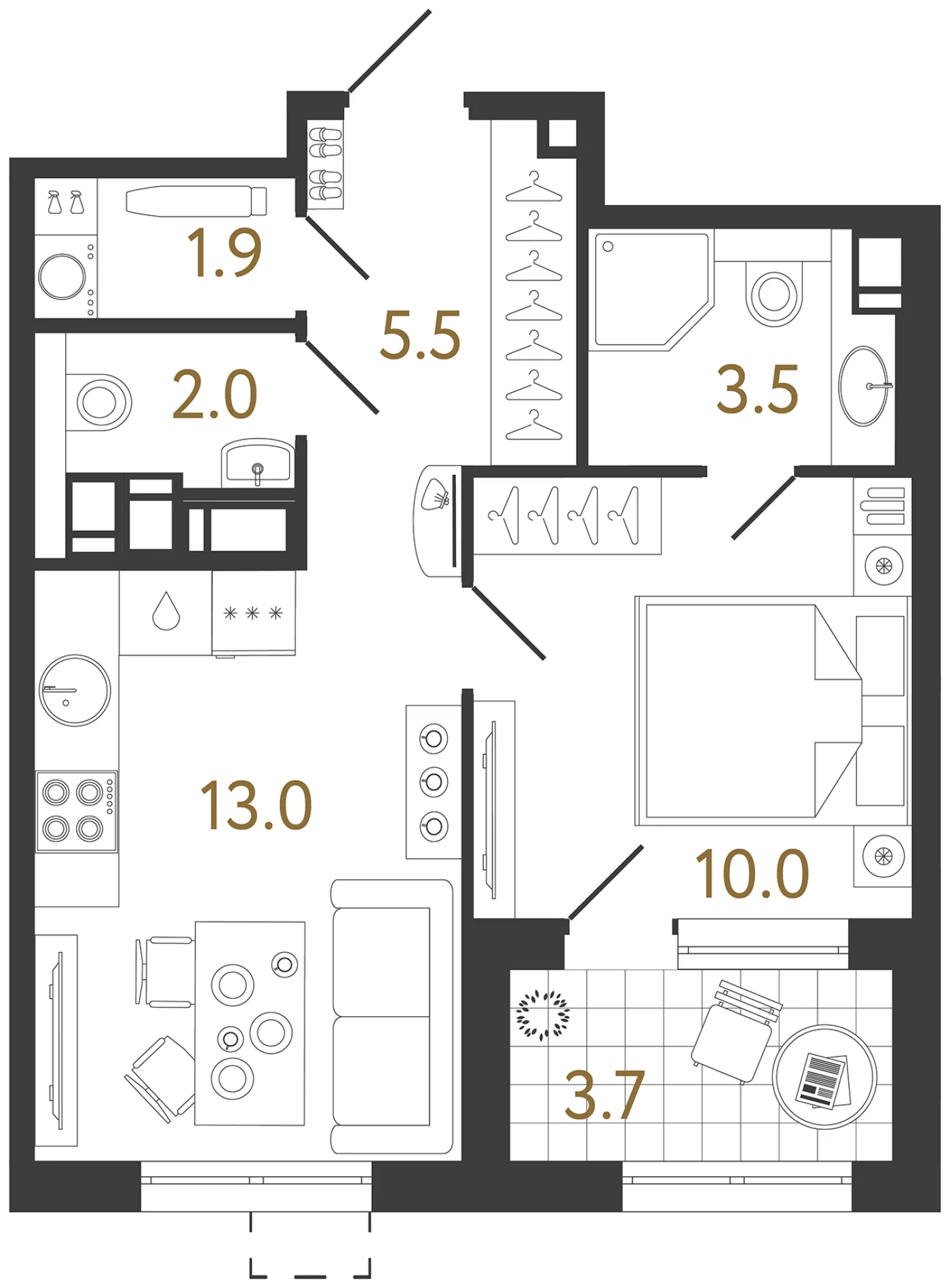 Планировка 1-комнатная 35,9 м² в жилом комплексе «Струны» — Жилой комплекс «Струны»