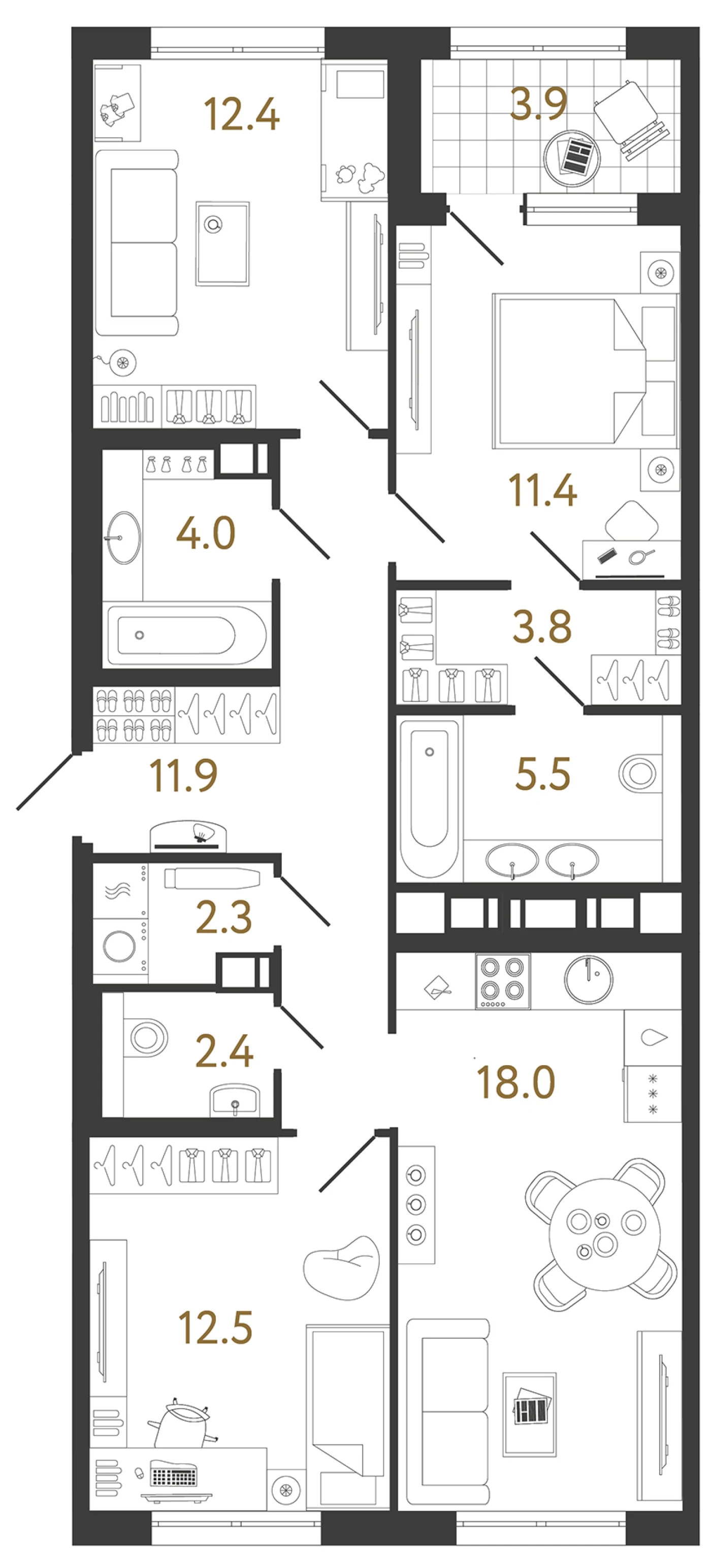 Планировка 3-комнатная 84,2 м² в жилом комплексе «Струны» — Жилой комплекс «Струны»