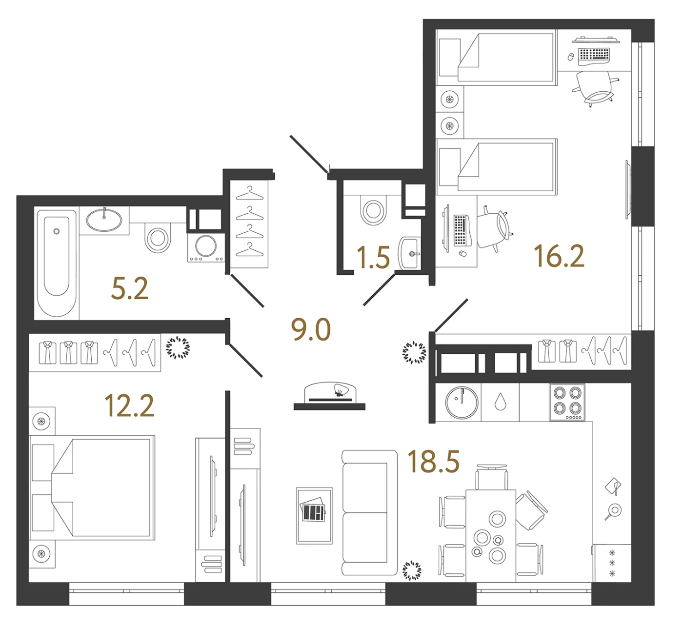 Планировка 2-комнатная 62,6 м² в жилом комплексе «Струны» — Жилой комплекс «Струны»