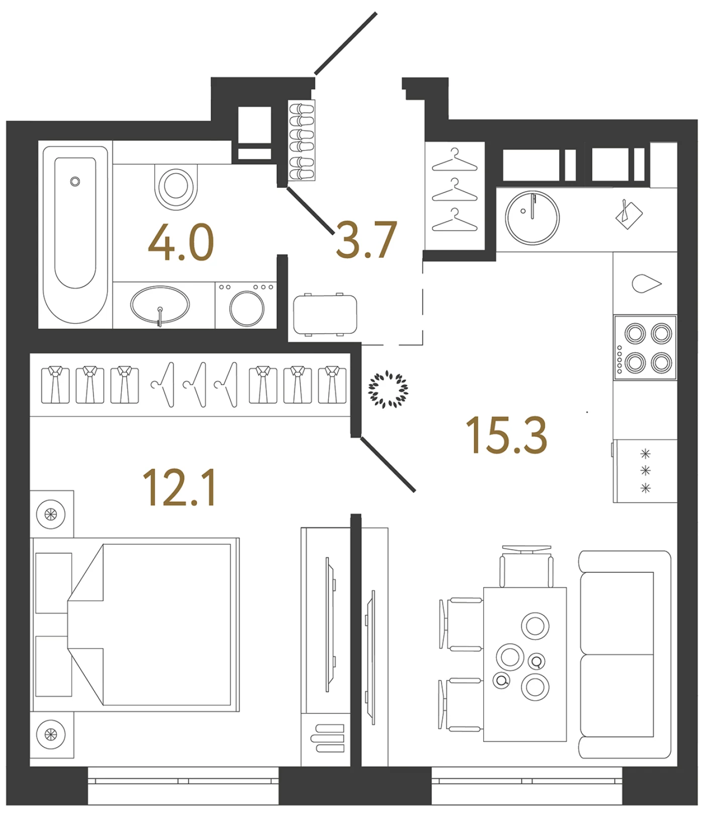 Планировка 1-комнатная 35,1 м² в жилом комплексе «Струны» — Жилой комплекс «Струны»