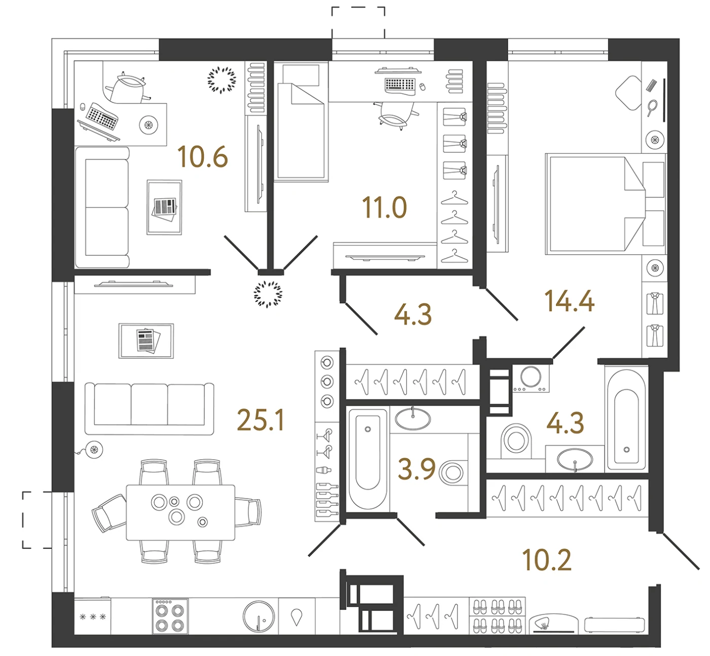 Планировка 3-комнатная 83,8 м² в жилом комплексе «Струны» — Жилой комплекс «Струны»