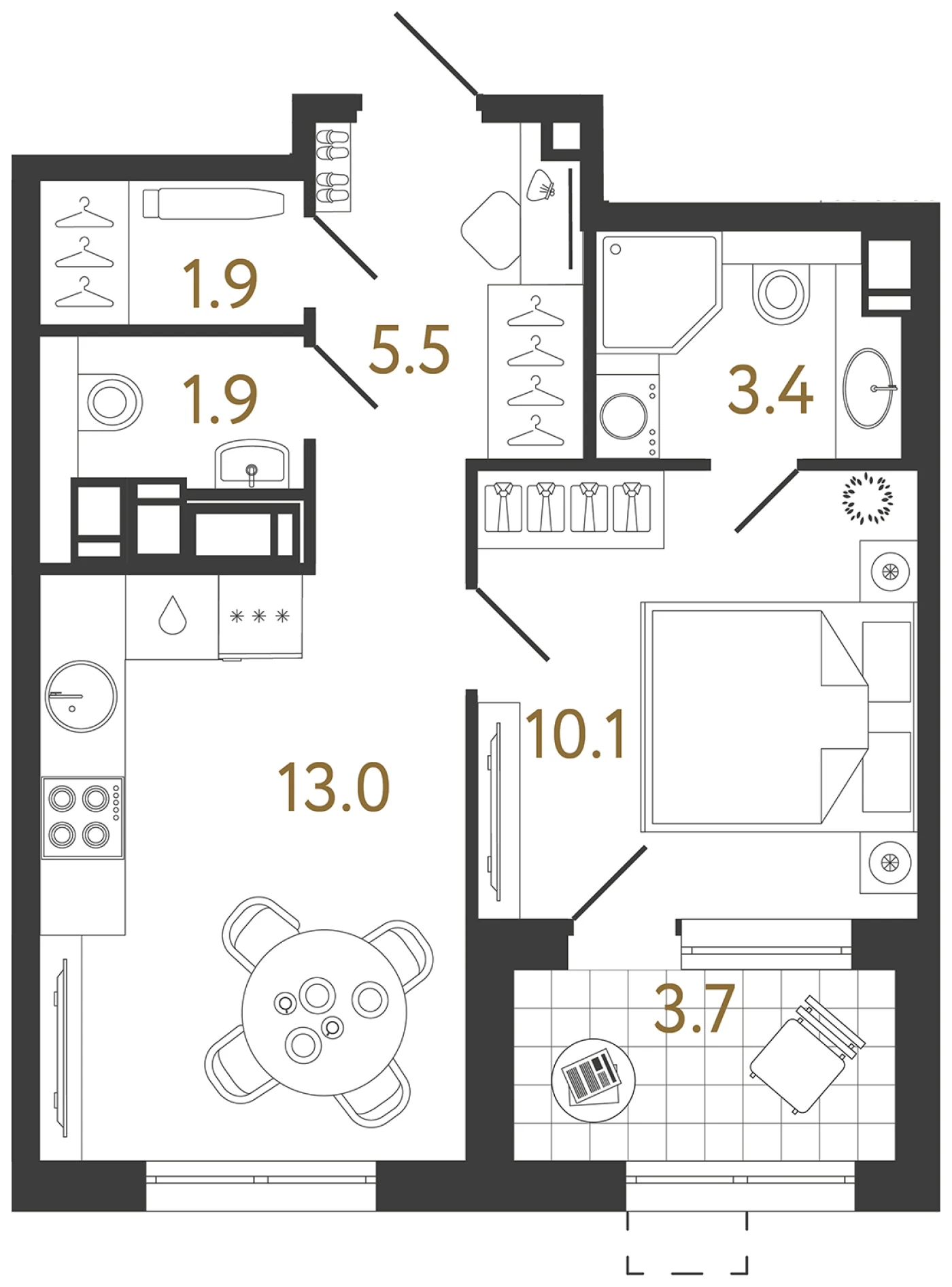 Планировка 1-комнатная 35,8 м² в жилом комплексе «Струны» — Жилой комплекс «Струны»